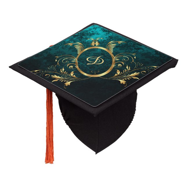 Royal Damask Personalized Turquoise Graduation Cap Topper (Angled)