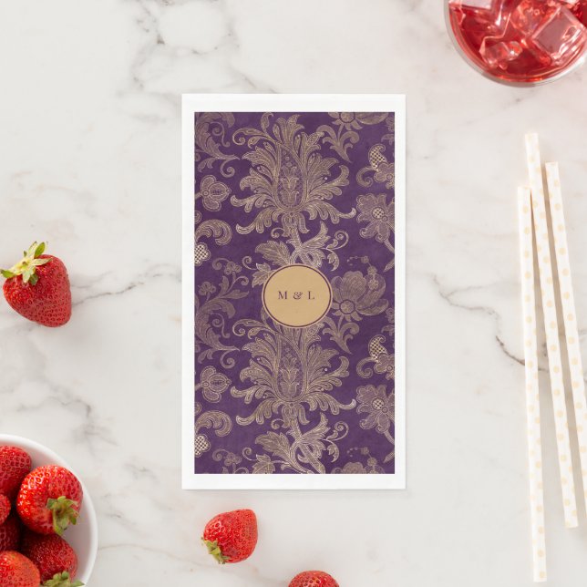 Royal Damask Purple Monogram Paper Guest Towels (Insitu)