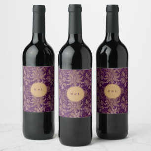 Royal Damask Purple Monogram Wedding Wine Label