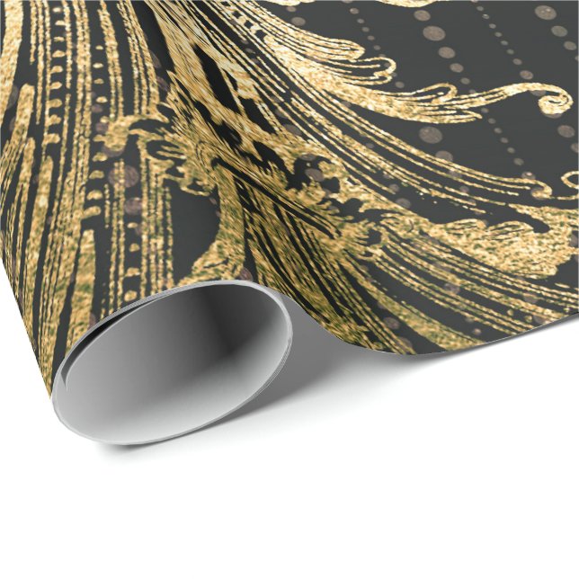 Royal Damask Sepia Faux  Gold Floral Black Drops Wrapping Paper (Roll Corner)