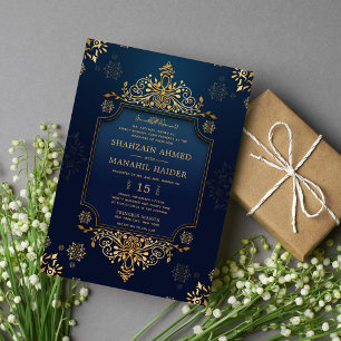 Royal dark blue Gold Floral Elegant Muslim Wedding Invitation