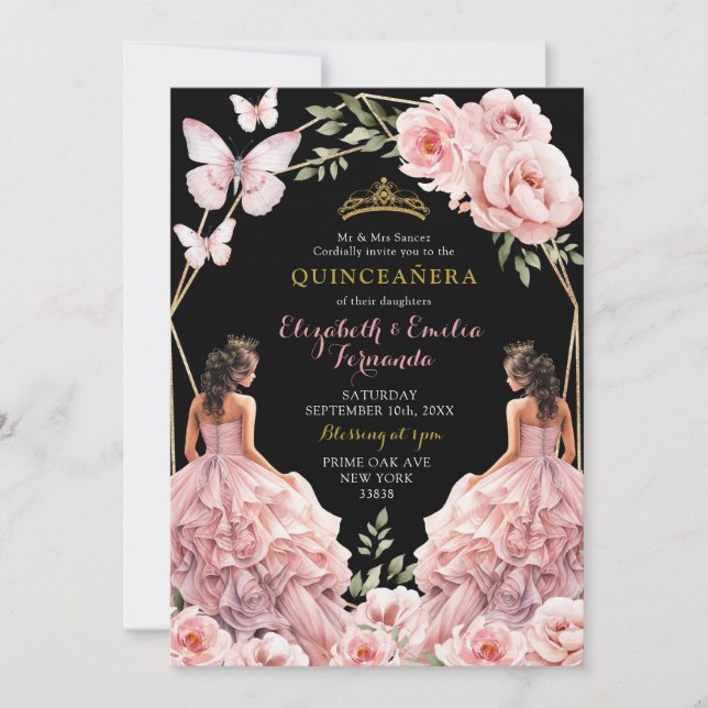 Royal Dark Blush Pink Twins Geometric Quinceañera Invitation (Front)