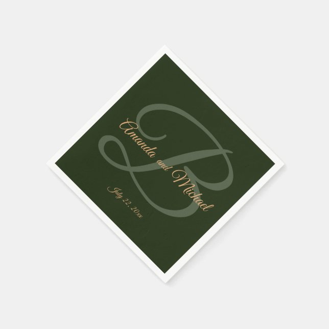 Royal Dark Green Leaves Gold Frame Wedding Paper Napkins (Corner)