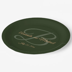 Royal Dark Green Leaves Gold Frame Wedding Paper Plates