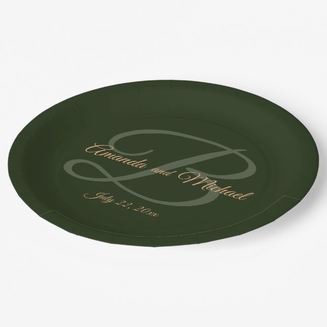 Royal Dark Green Leaves Gold Frame Wedding Paper Plates (Angled)