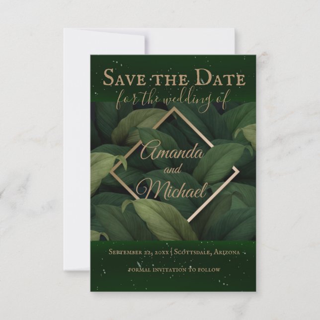 Royal Dark Green Leaves Gold Frame Wedding Save The Date (Front)