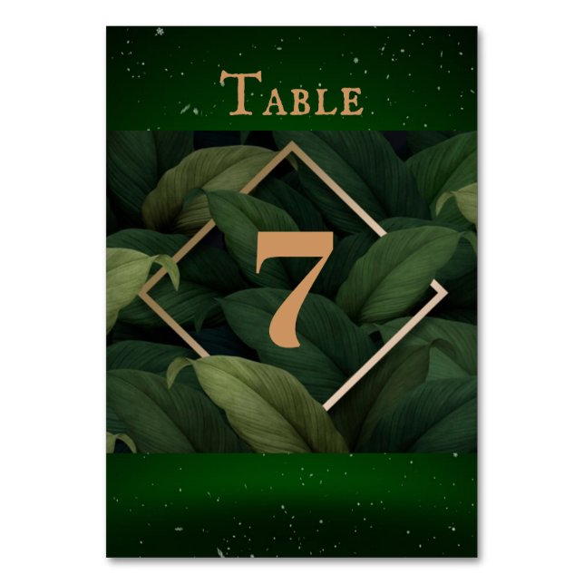 Royal Dark Green Leaves Gold Frame Wedding Table Number (Front)