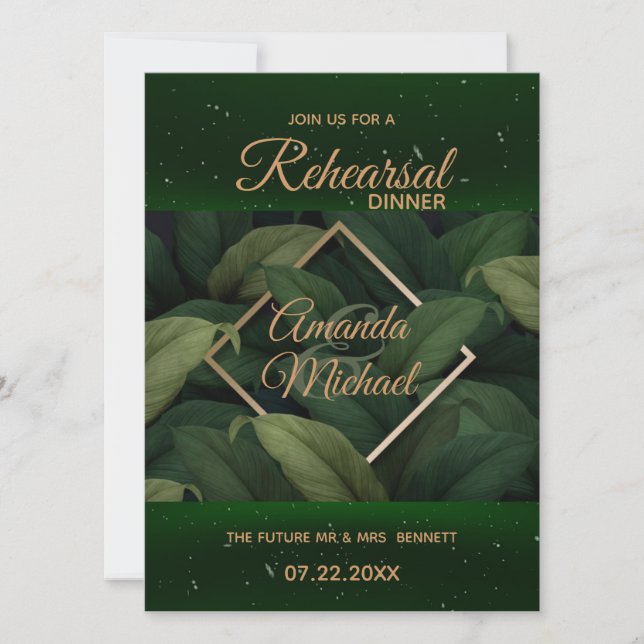 Royal Dark Green Leaves Rehearsal Dinner Card (Front)
