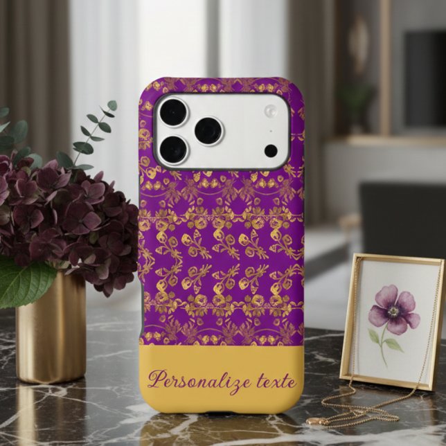 Royal Dark Plum & Damask Floral Printed Gold Case-Mate iPhone Case (Creator Uploaded)