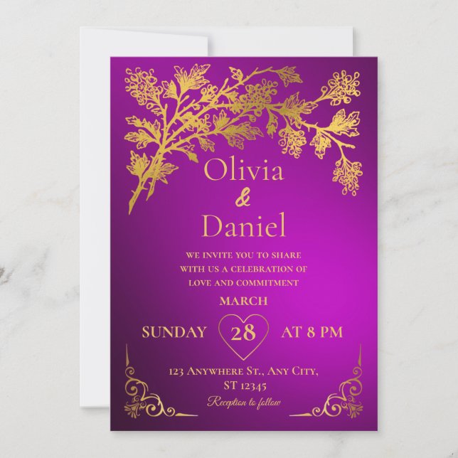 Royal Dark Purple & Gold Floral Wedding Invitation (Front)