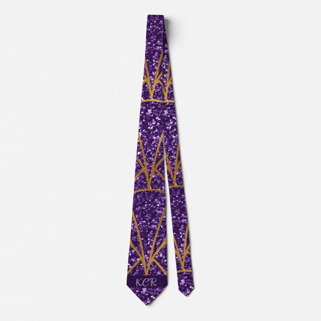 Royal Deco Purple Glitter Gold Geometic Pattern Neck Tie (Front)