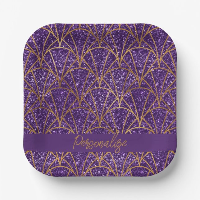 Royal Deco Purple Glitter Gold Geometric Elegant Paper Plates (Front)