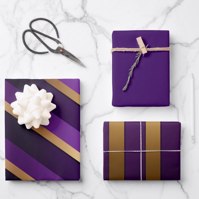 Royal Deep Purple and Gold Striped Wrapping Paper Sheets (Front)