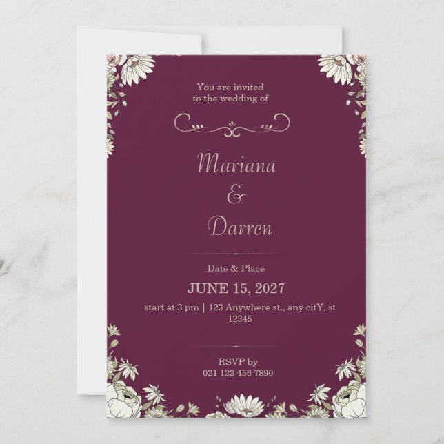 Royal Deep Purple & White Floral Wedding Invite (Front)