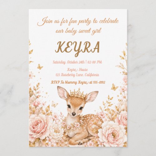 Royal Deer Floral Princess Birthday Party Invitation
