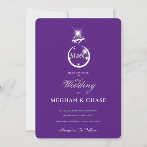 Royal Diamond Ring Monogram Purple Wedding Invitation