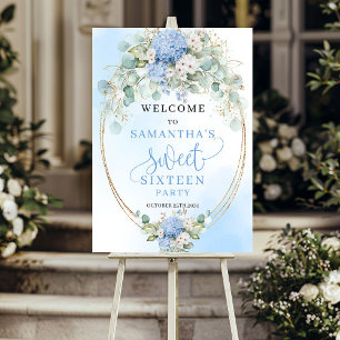 Royal Dusty Blue Floral Gold 16th Birthday Welcome Foam Board