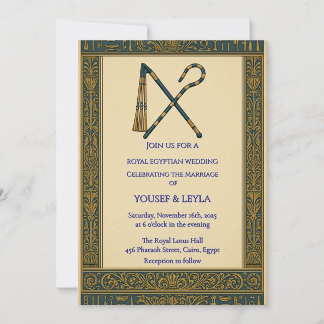 Royal Egyptian Crook & Flail Gold Wedding  Invitation (Front)
