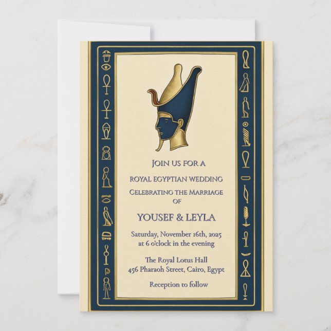 Royal Egyptian Pharaoh Motif Lotus Gold Wedding Invitation (Front)