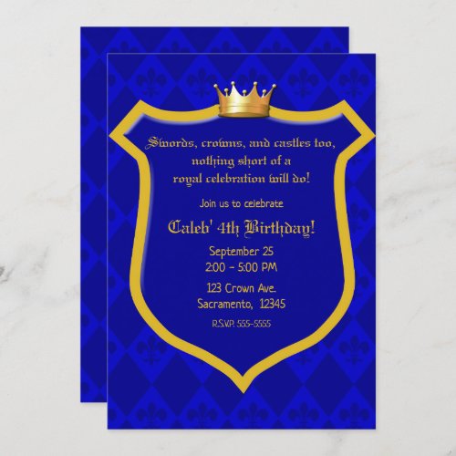 Royal Electric Blue Gold Shield Crown Prince Party Invitation