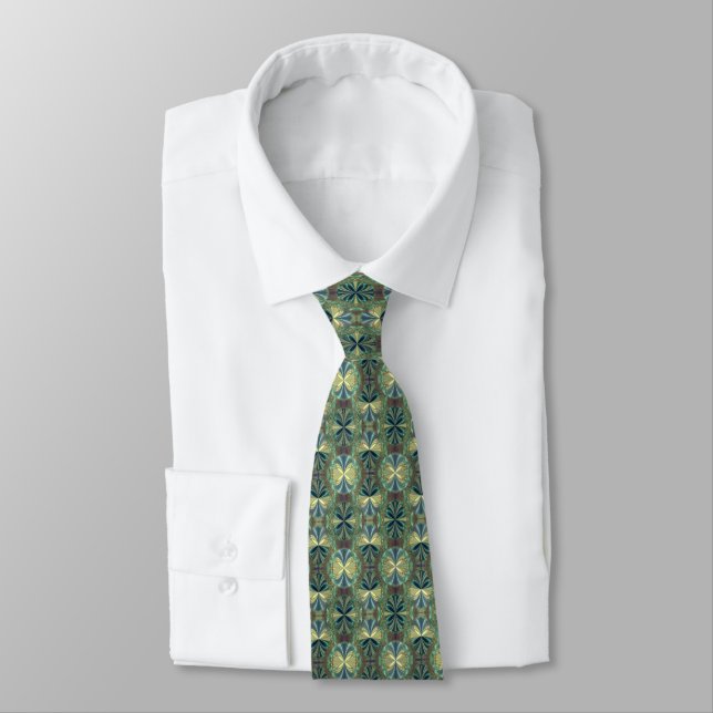 Royal Elegance Green Blue Gold Fractal Neck Tie (Tied)