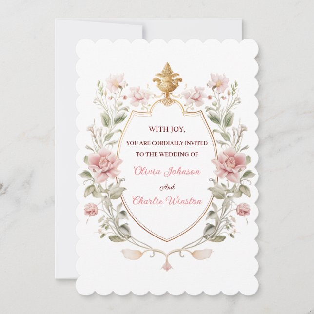 Royal Elegance Wedding Pink Florals Golden Crest Invitation (Front)