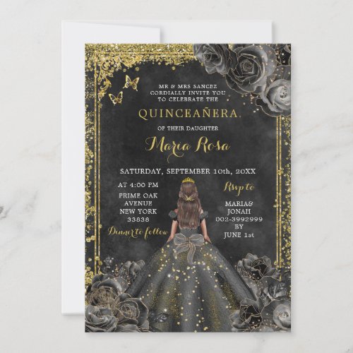 Royal Elegant Gold and Black Rose Quinceaera Invitation