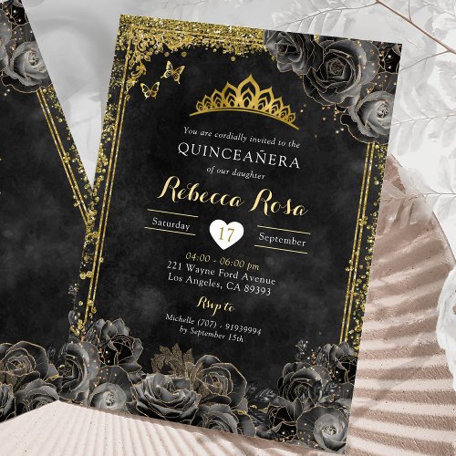 Royal Elegant Gold and Black Rose Quinceaera Invitation