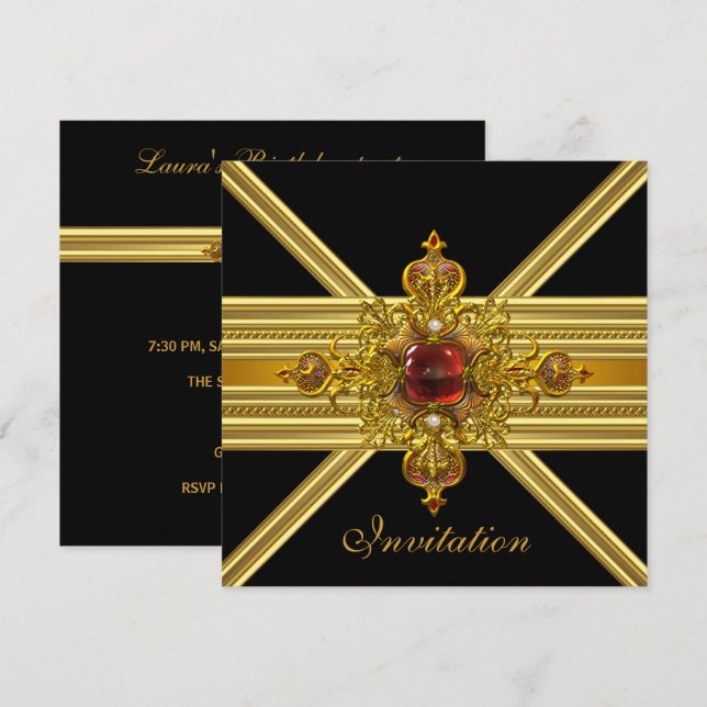 Royal Elegant Gold Red Jewel On Black Party 2 Invitation (Front/Back)
