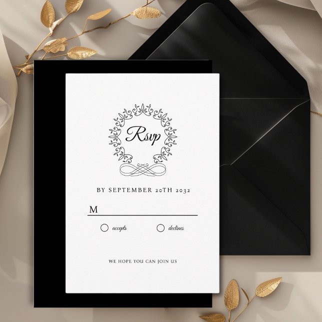 Royal, Elegant, Wedding RSVP  Enclosure Card (Royal, Elegant, Classic, Crest, Wedding Invitation Wedding RSVP. White and Black.)
