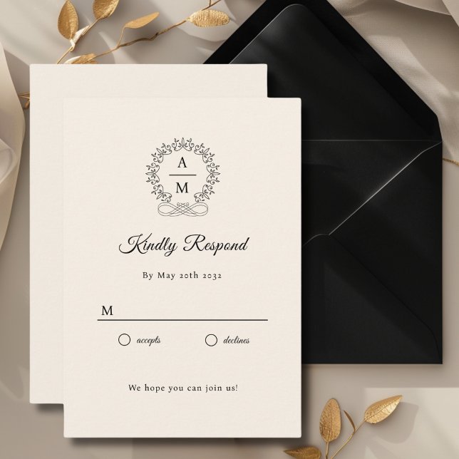 Royal, Elegant, Wedding RSVP Enclosure Card (Monogram, Royal, Elegant, Beige, Wedding RSVP Cards with scripted font. Personalized in minutes.)