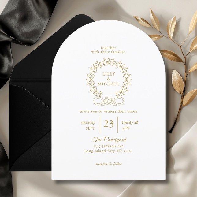 Royal, Elegant, White, Wedding Invitation (Royal, Elegant, Classic, White, Wedding Invitation. Crest, handwriting font.)
