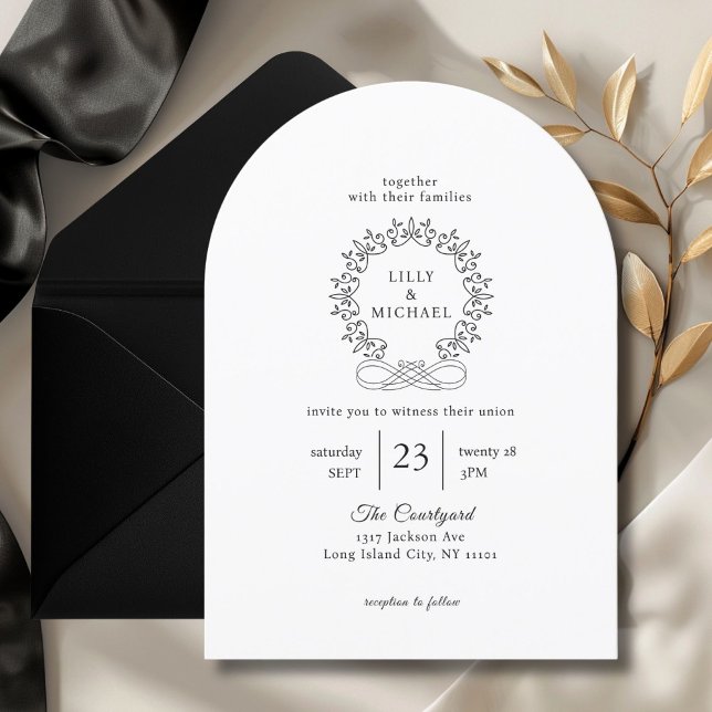 Royal, Elegant, White, Wedding Invitation (Royal, Elegant, Classic, White, Wedding Invitation. Crest, handwriting font.)