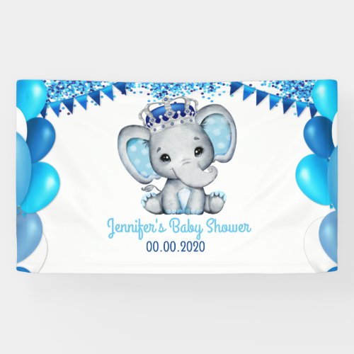Royal Elephant with Crown Blue Banner Baby Shower