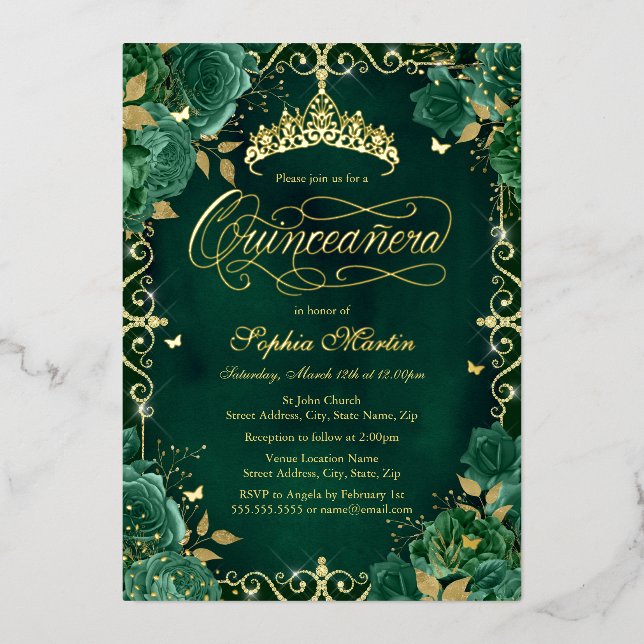 Royal Emerald Gold Butterfly Rose Quinceanera Foil Invitation (Front)