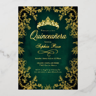 Royal Emerald Gold Crown Floral Quinceanera Foil Invitation