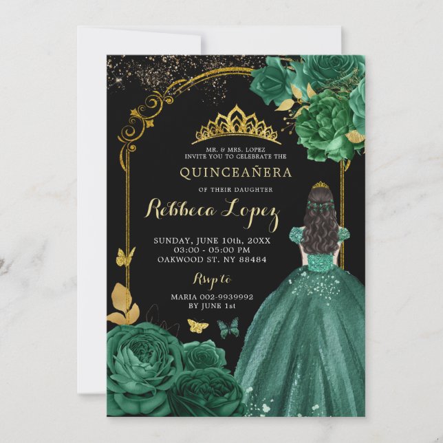 Royal Emerald Green Black Girl's Quinceañera Invitation (Front)