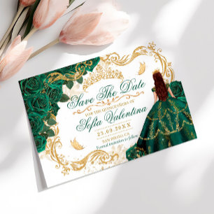 Royal Emerald Green Gold Crown Quinceañera Save The Date