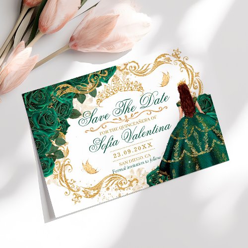 Royal Emerald Green Gold Crown Quinceañera Save The Date