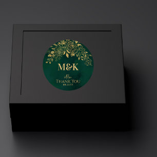 Royal Emerald Green Gold Floral Monogram Thank You Classic Round Sticker