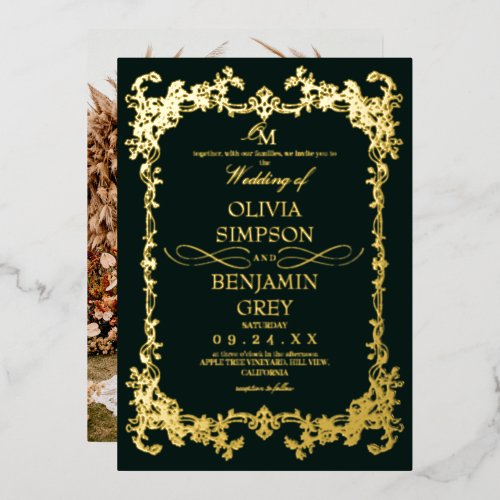 Royal Emerald Green &amp; Gold Floral Photo Wedding Foil Invitation