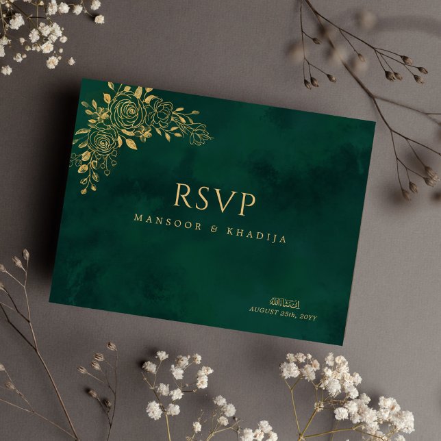Royal Emerald Green Gold Floral Wedding RSVP Postcard (Creator Uploaded)