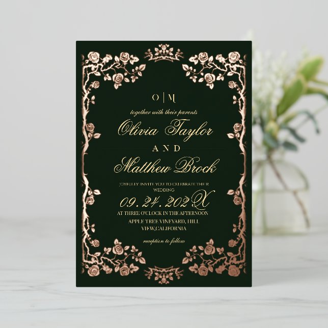 Royal Emerald Green Gold Foil Floral Wedding Foil Invitation (Standing Front)