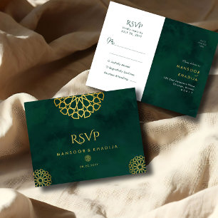Royal Emerald Green Gold Ornate Wedding RSVP Postcard