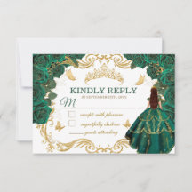 Royal Emerald Green Gold Quinceañera RSVP Card