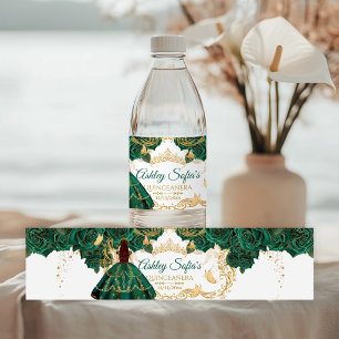 Royal Emerald Green Gold Quinceañera Water Bottle Label