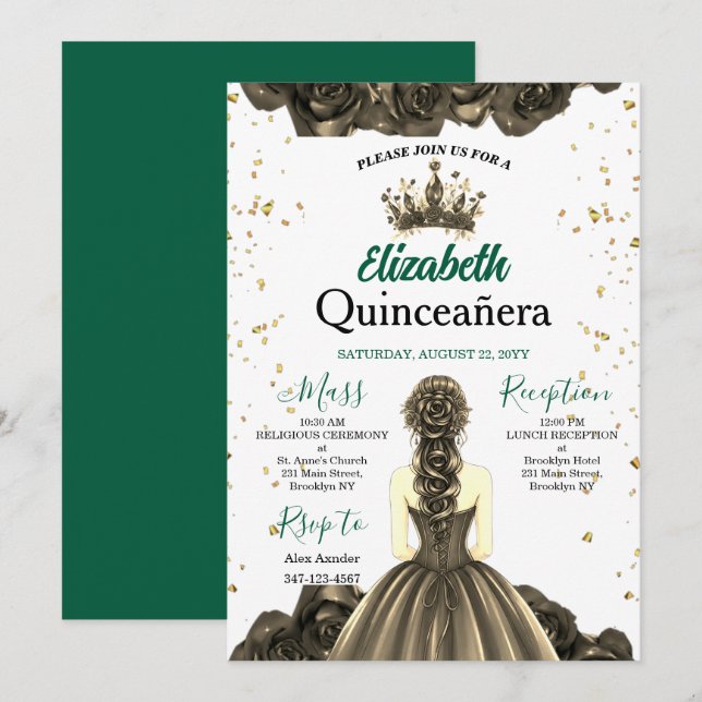 Royal Emerald Green Rose Quinceañera Invite (Front/Back)