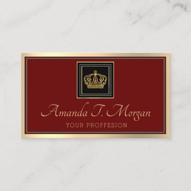 Royal Event Wedding Gold Frame Crown Burgundy Business Card (Front)