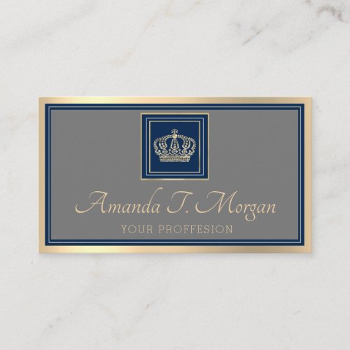 Royal Event Wedding Golden Crown Frame Gray Navy Business Card