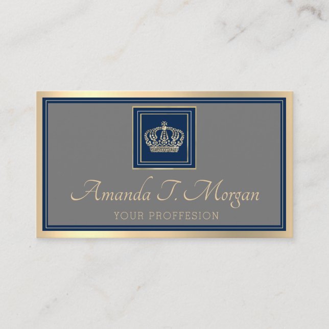 Royal Event Wedding Golden Crown Frame Gray Navy Business Card (Front)
